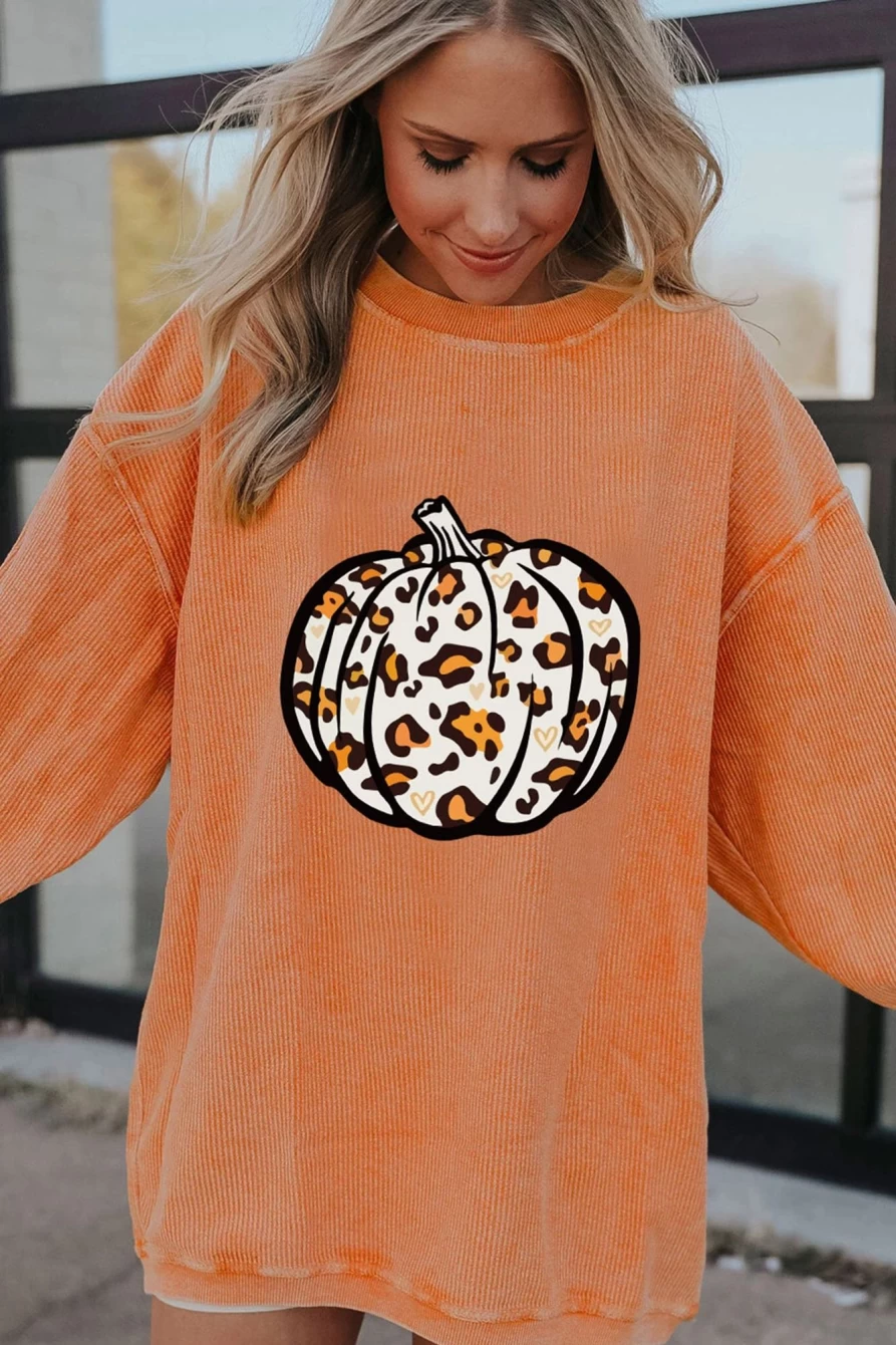 Shewin Women's Orange Leopard Print Pumpkin Graphic Corded Sweatshirt - Cozy Fall Pullover