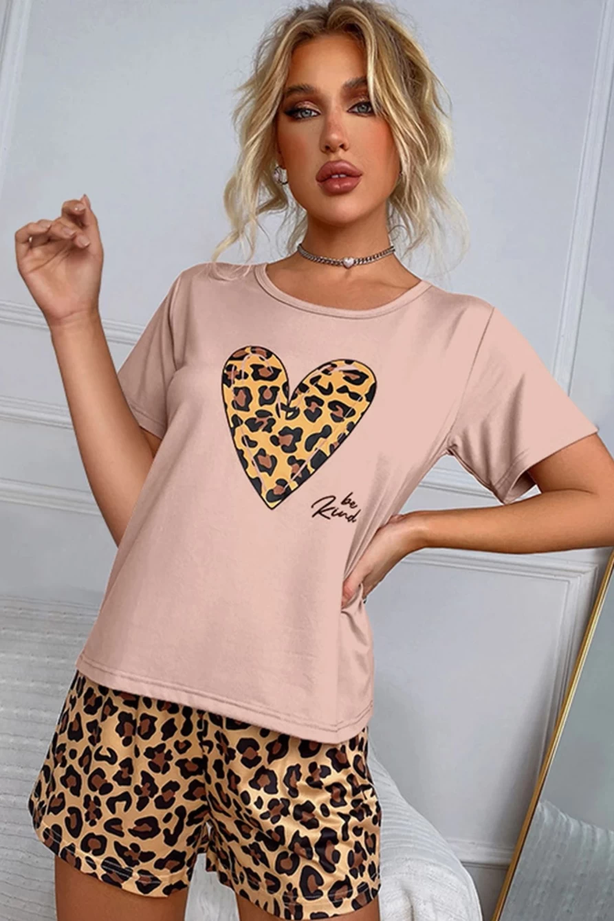 "Shewin Women's Multicolour Leopard Heart Print Lounge Set - T-Shirt & Shorts"