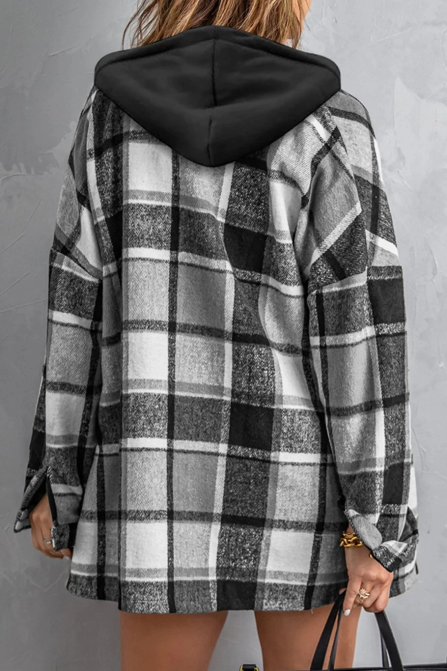 Shewin Women's Gray Plaid Shacket with Button Front and Drop Sleeve Hood