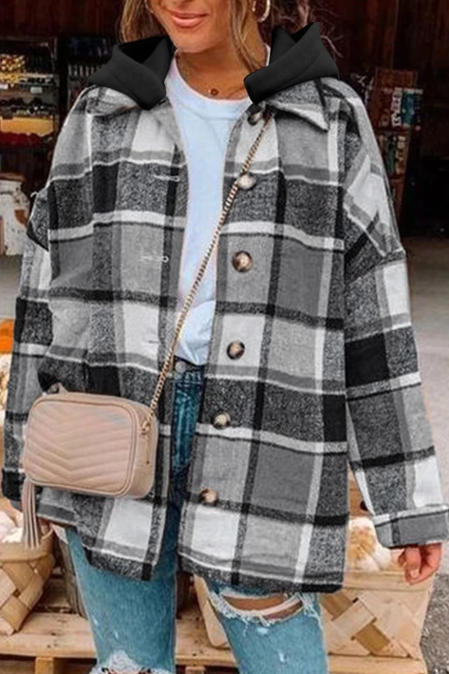 Shewin Women's Gray Plaid Shacket with Button Front and Drop Sleeve Hood
