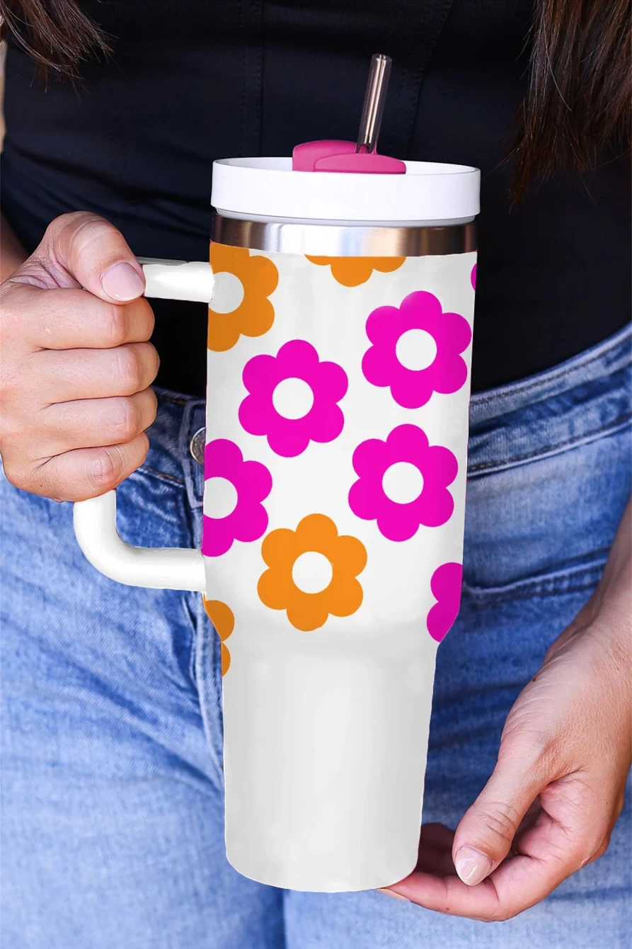 Shewin Women's White Stainless Steel Tumbler with Straw - Floral Print Handle Insulated Cup