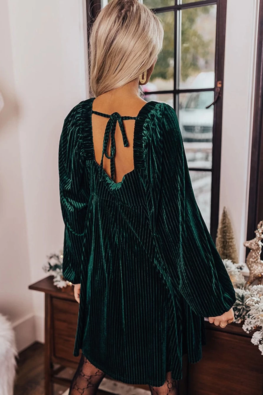 Shewin Women's Green Square Neck Tie Back Ribbed Velvet Babydoll Dress