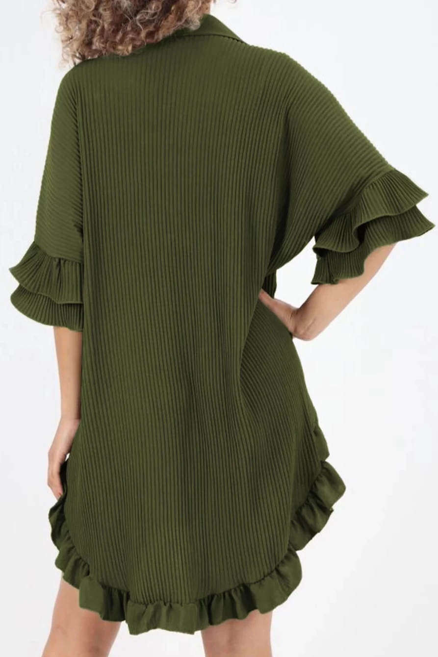 Shewin Women's Moss Green Oversized Shirt Dress with Pleated Ruffle Sleeves