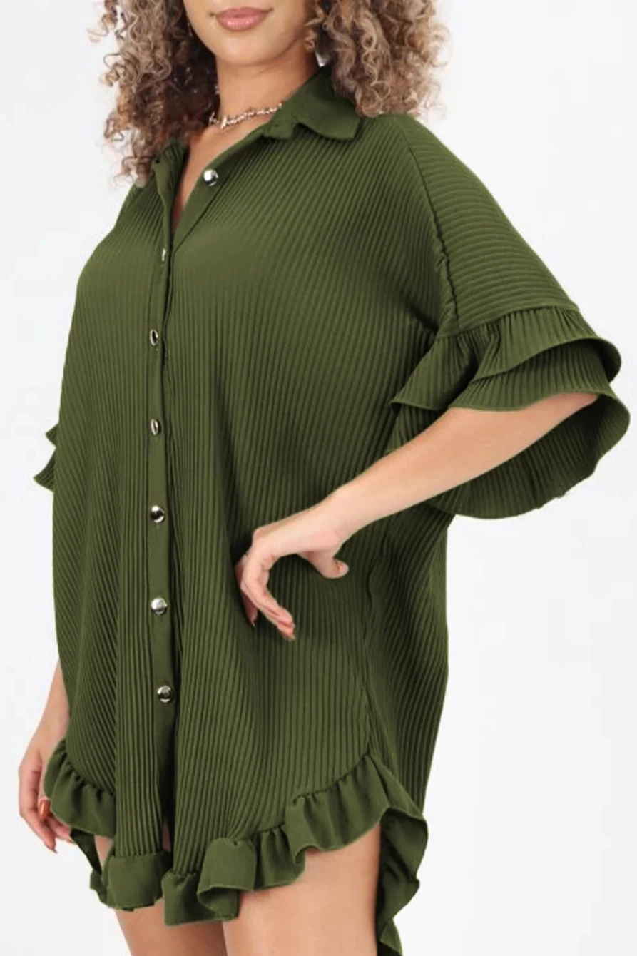 Shewin Women's Moss Green Oversized Shirt Dress with Pleated Ruffle Sleeves