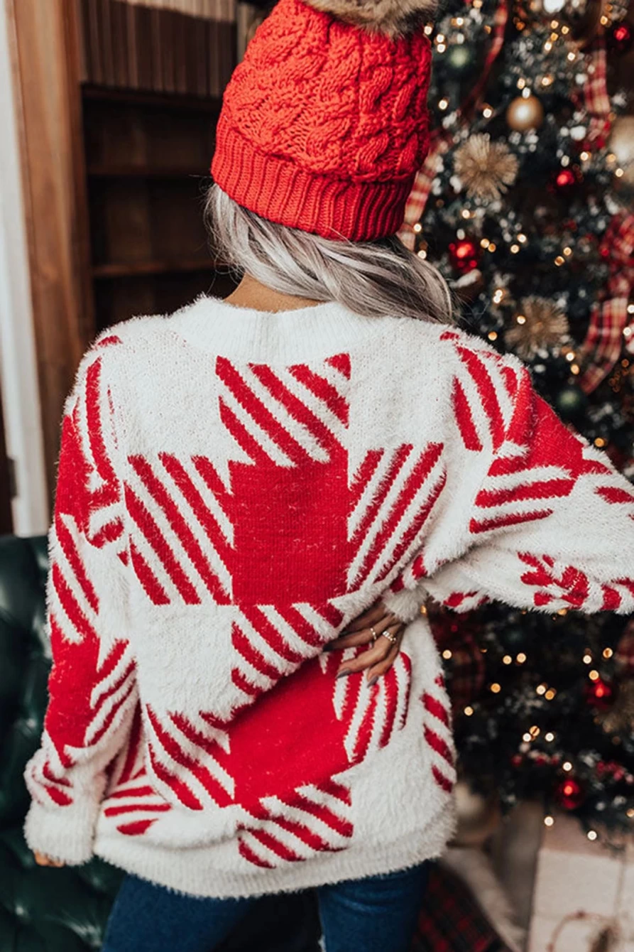 Shewin Women's Fiery Red Fuzzy Checkered Drop Shoulder Sweater