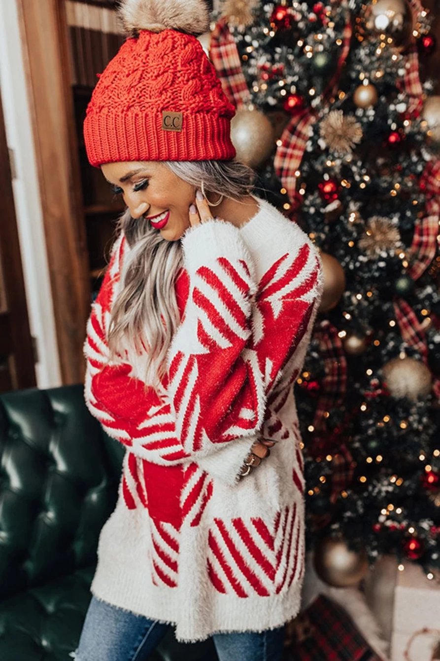Shewin Women's Fiery Red Fuzzy Checkered Drop Shoulder Sweater