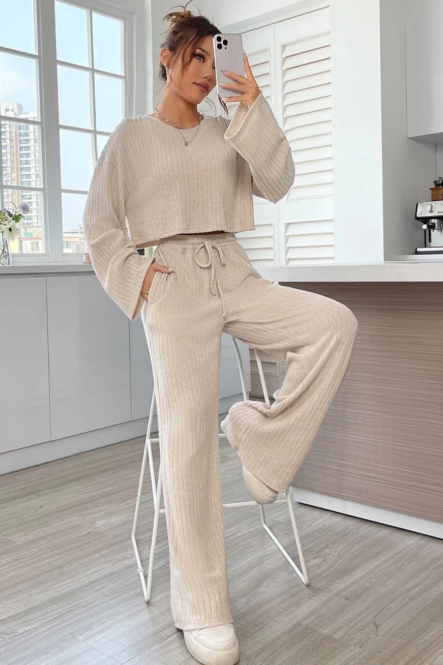 Shewin Women's Khaki Ribbed Crop Top & Drawstring Pants Set - Bell Sleeve Two Piece Outfit