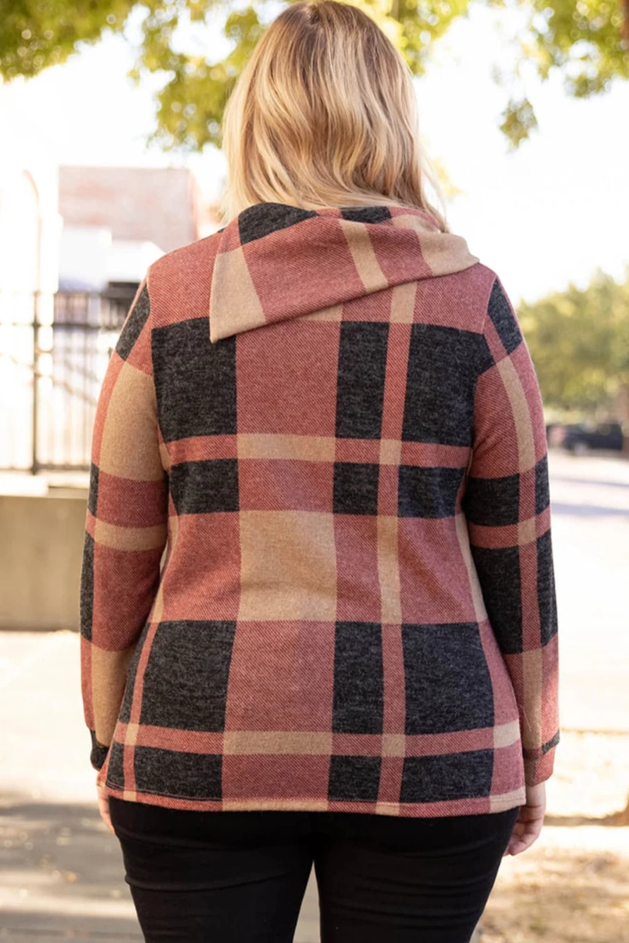 Shewin Women's Plus Size Mineral Red Plaid Print Asymmetric Neck Button-Detail Top