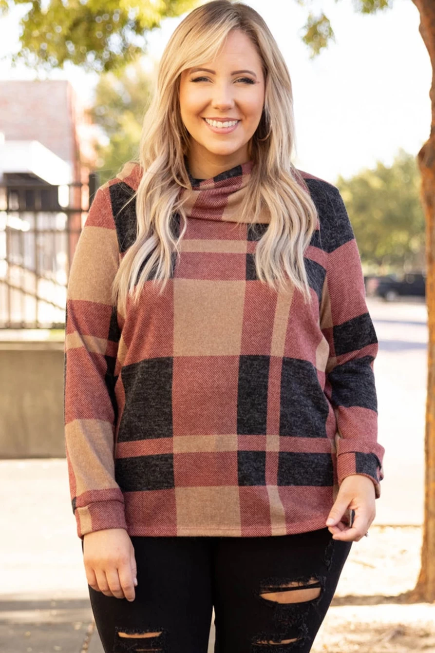 Shewin Women's Plus Size Mineral Red Plaid Print Asymmetric Neck Button-Detail Top