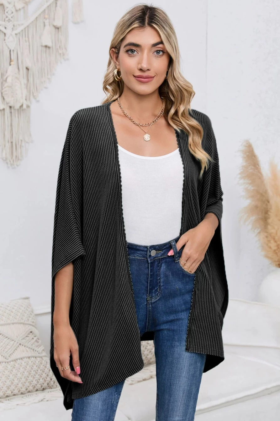 Shewin Women's Black Textured Lace Trim Open Front Kimono Cardigan