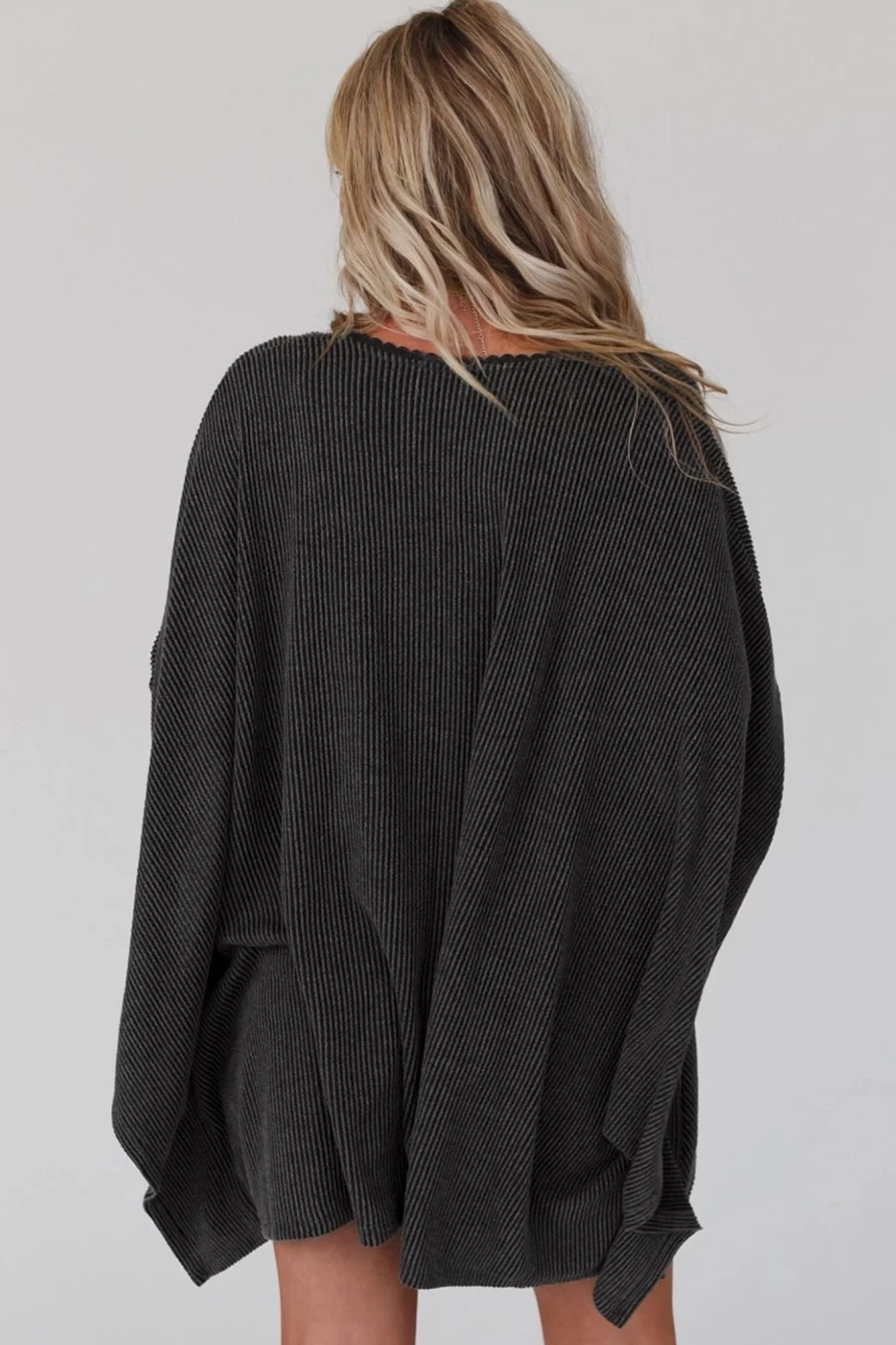 Shewin Women's Black Textured Lace Trim Open Front Kimono Cardigan