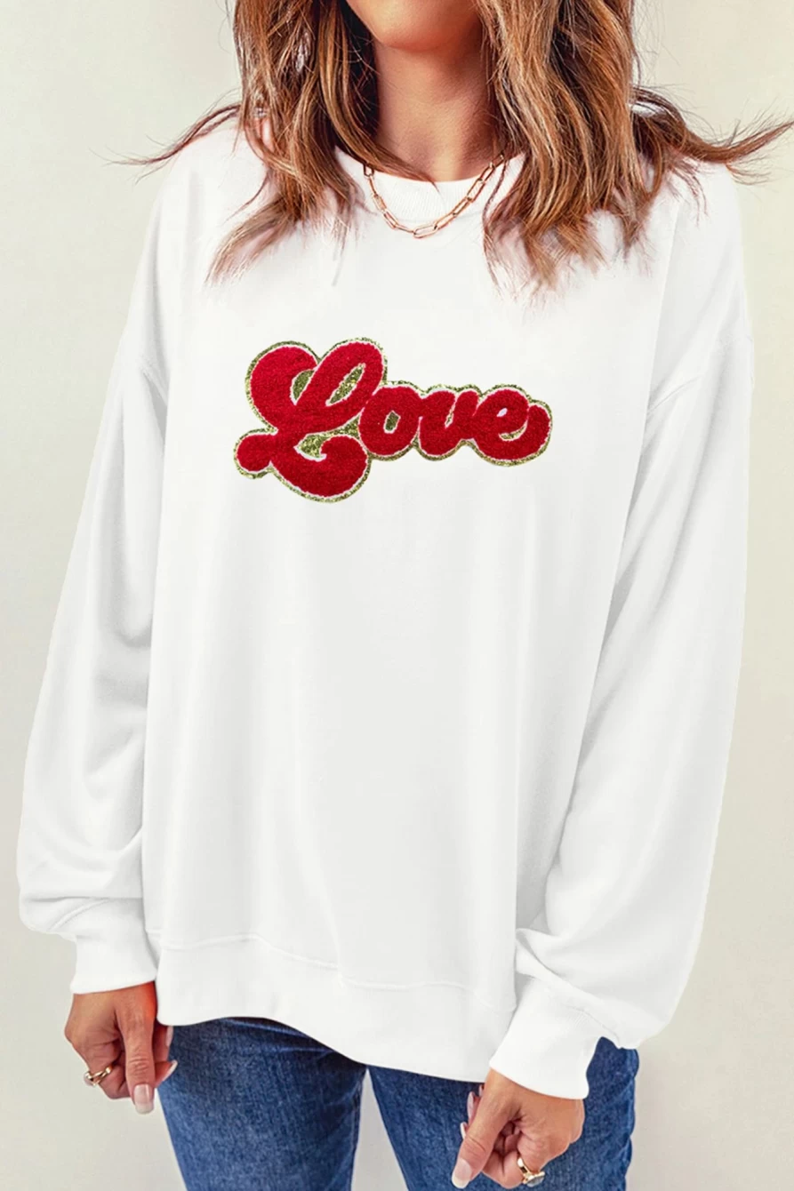 Shewin Women's Beige Love Letter Chenille Embroidered Graphic Sweatshirt
