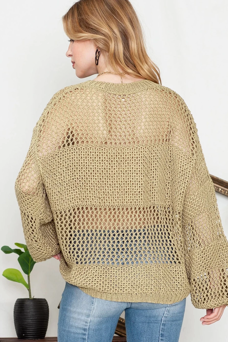 Women's Khaki Crochet Pullover Sweater Long Sleeve - Shewin