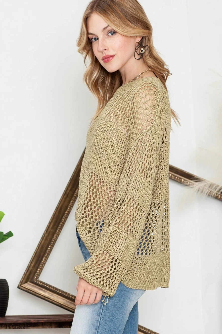 Women's Khaki Crochet Pullover Sweater Long Sleeve - Shewin