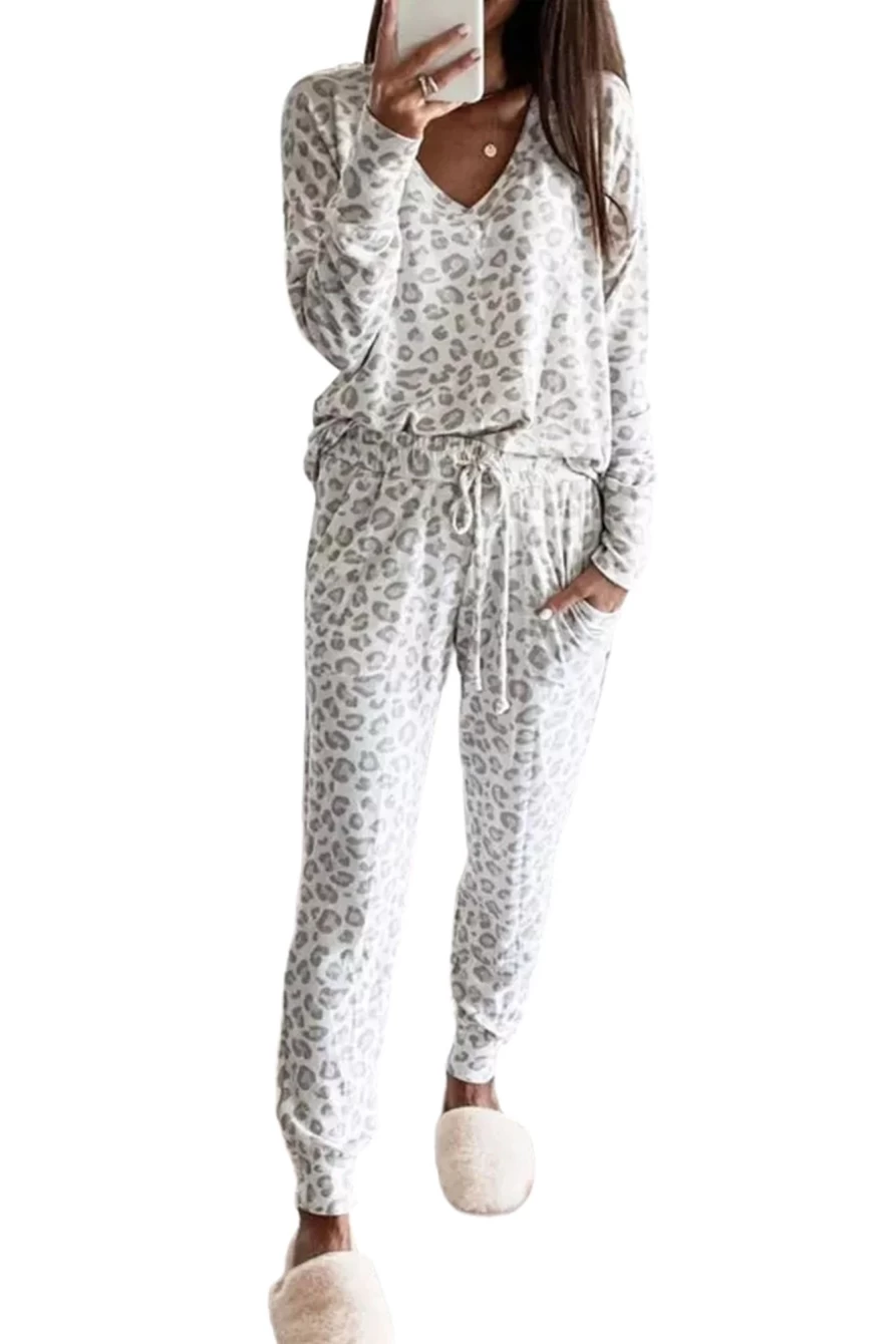Shewin Women's Leopard Print Long Sleeve Top & Drawstring Joggers Loungewear Set