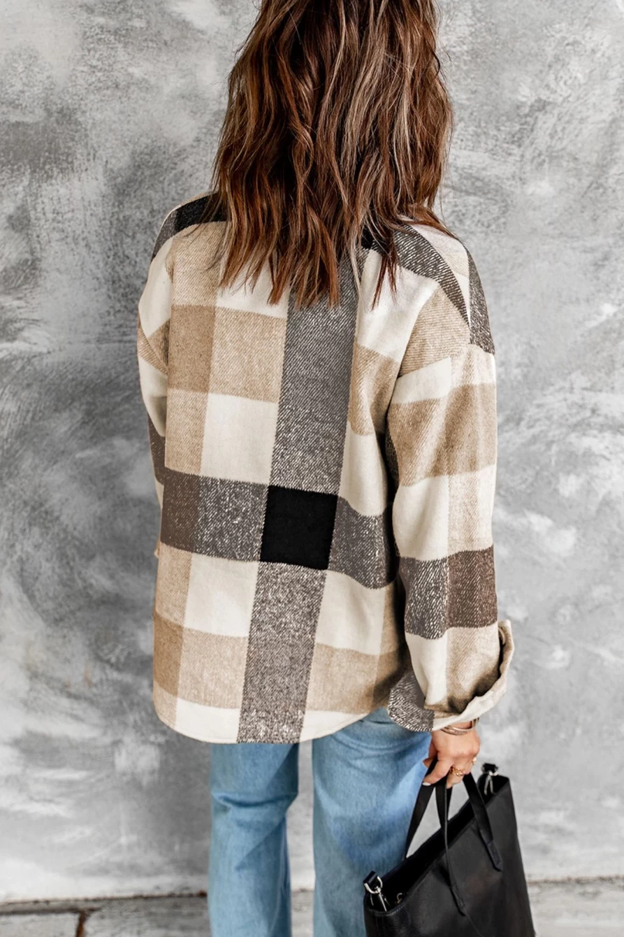 Women's Khaki Plaid Shacket with Color Block Design & Buttoned Pockets by Shewin