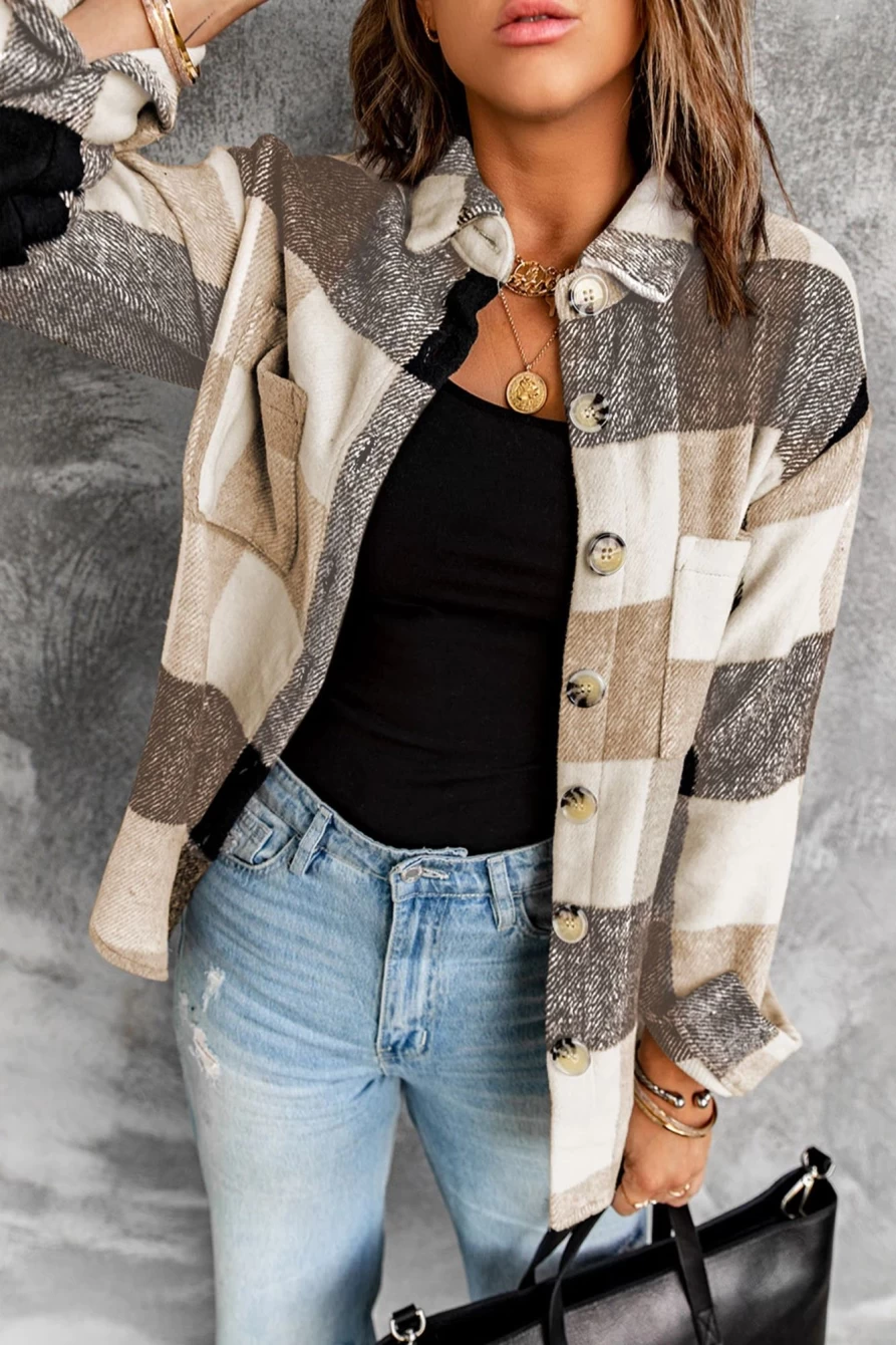 Women's Khaki Plaid Shacket with Color Block Design & Buttoned Pockets by Shewin