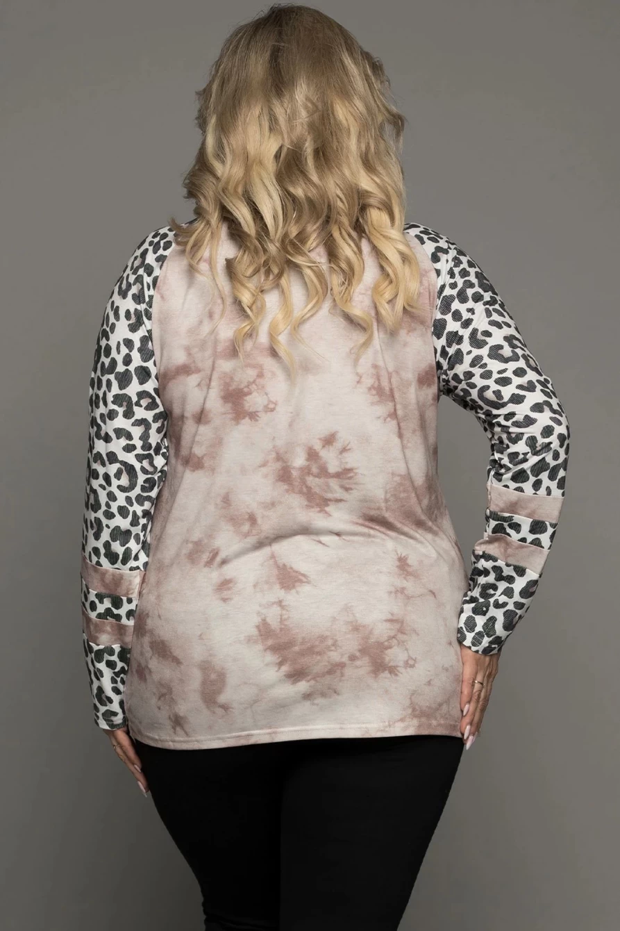 Shewin Women's Plus Size Leopard Print Criss Cross Neck Tie Dye Top with Long Sleeves
