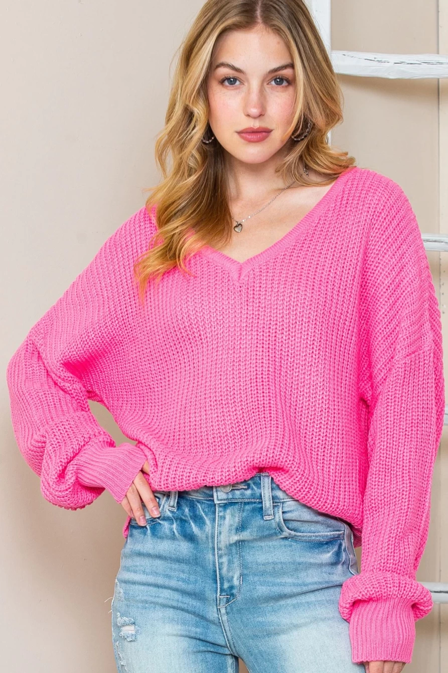 Shewin Women's Rose V Neck Drop Sleeve Loose Knit Sweater