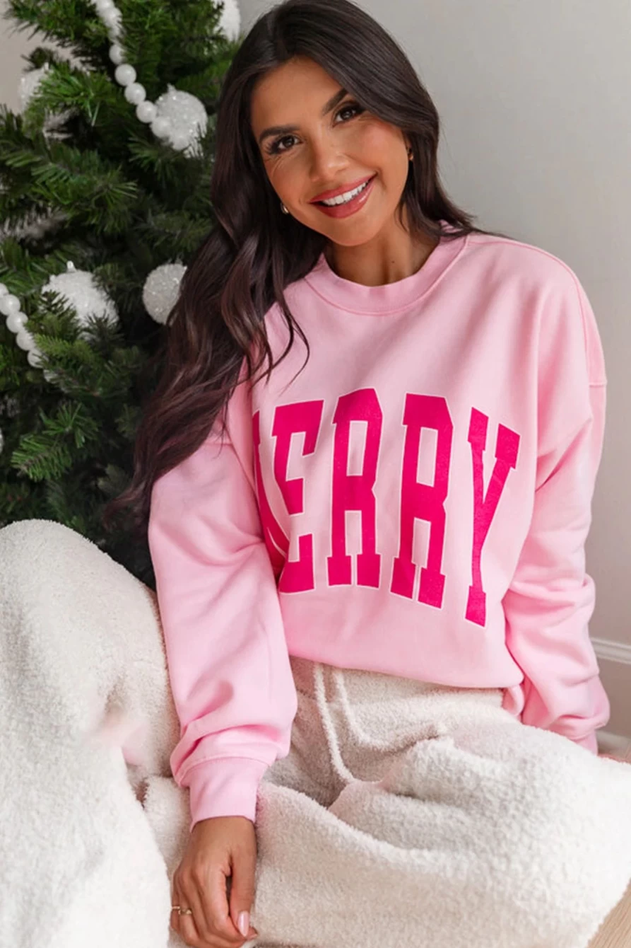 Shewin Women's Pink Merry Alphabet Print Loose Fit Christmas Sweatshirt