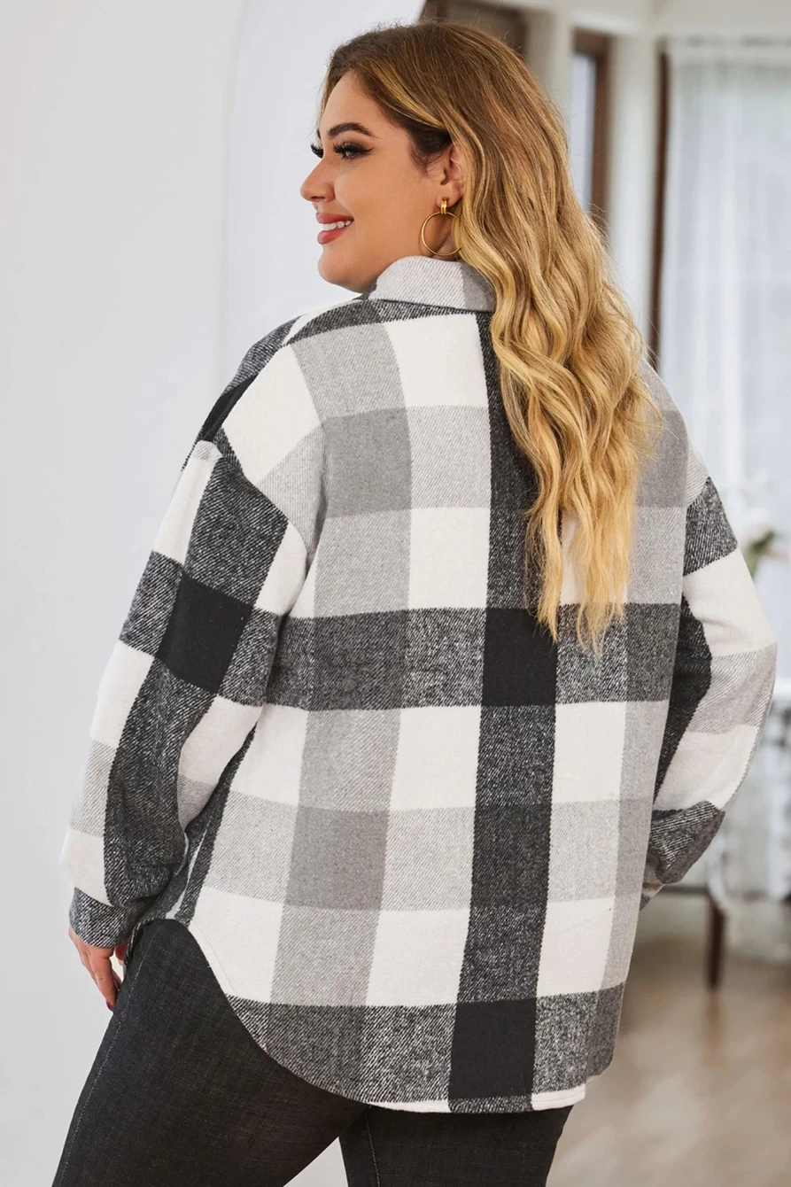 Women's Plus Size Gray Checkered Shacket - Shewin Oversized Button-Up Flannel Shirt Jacket