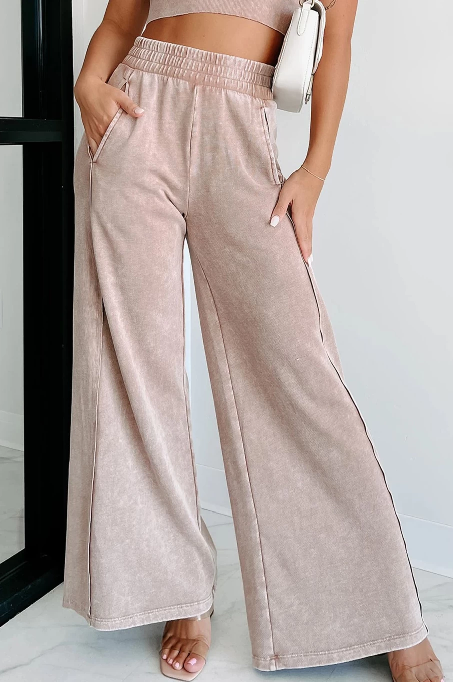 Shewin Women's Apricot Pink Mineral Washed Smocked High-Waisted Wide Leg Pants