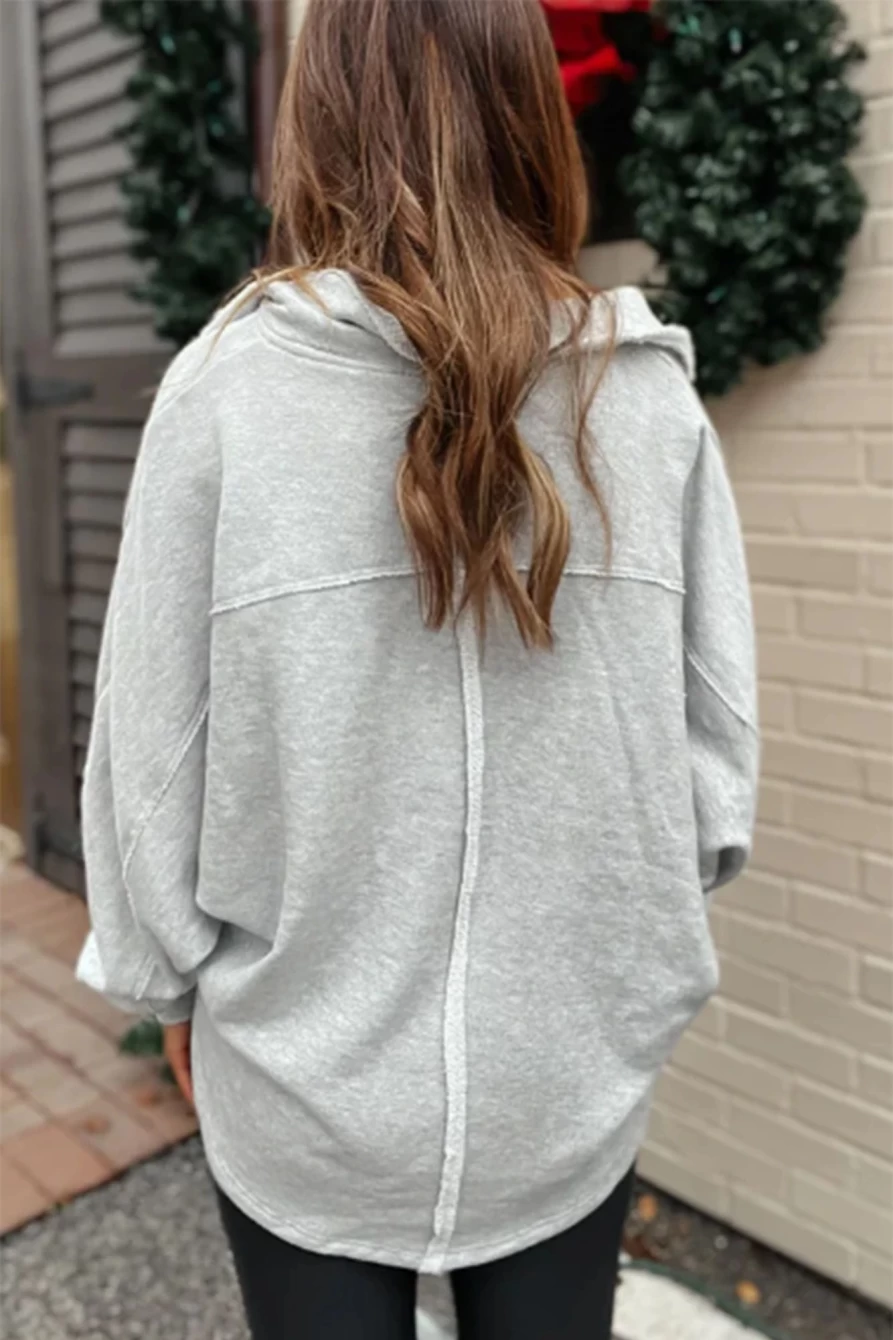 Shewin Women's Gray Oversized Sweatshirt with Exposed Seam & Patchwork Pockets