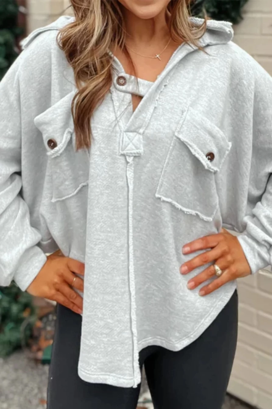Shewin Women's Gray Oversized Sweatshirt with Exposed Seam & Patchwork Pockets