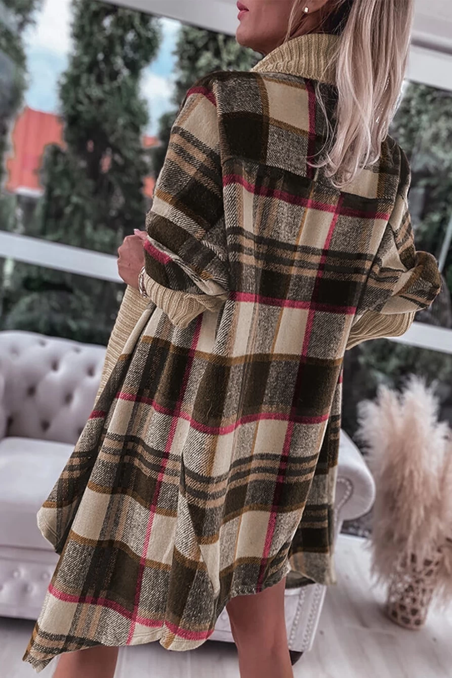 Shewin Women's Brown Ribbed Plaid Open Front Cardigan with Splicing Detail