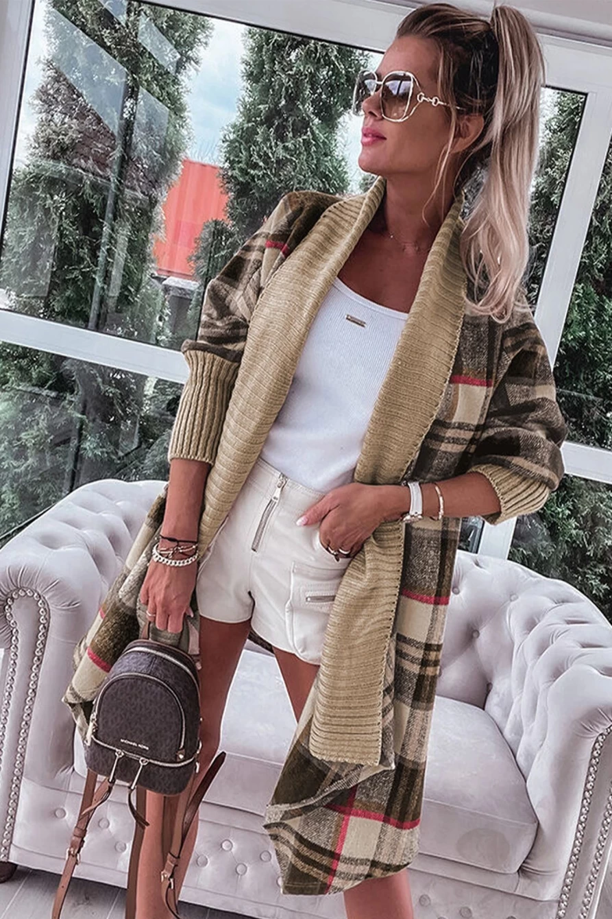 Shewin Women's Brown Ribbed Plaid Open Front Cardigan with Splicing Detail