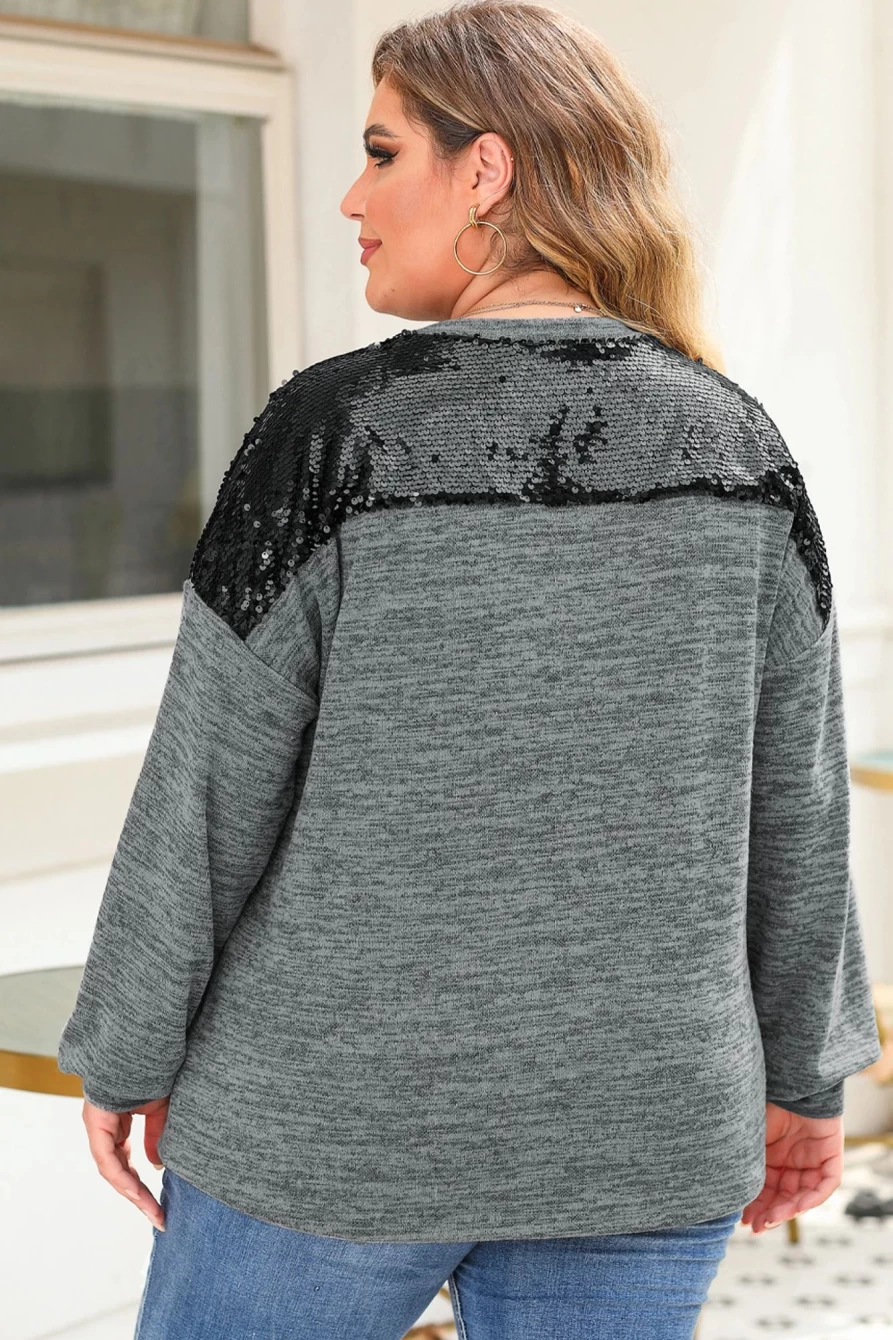 Shewin Women's Gray Sequin Patchwork Plus Size Long Sleeve Top