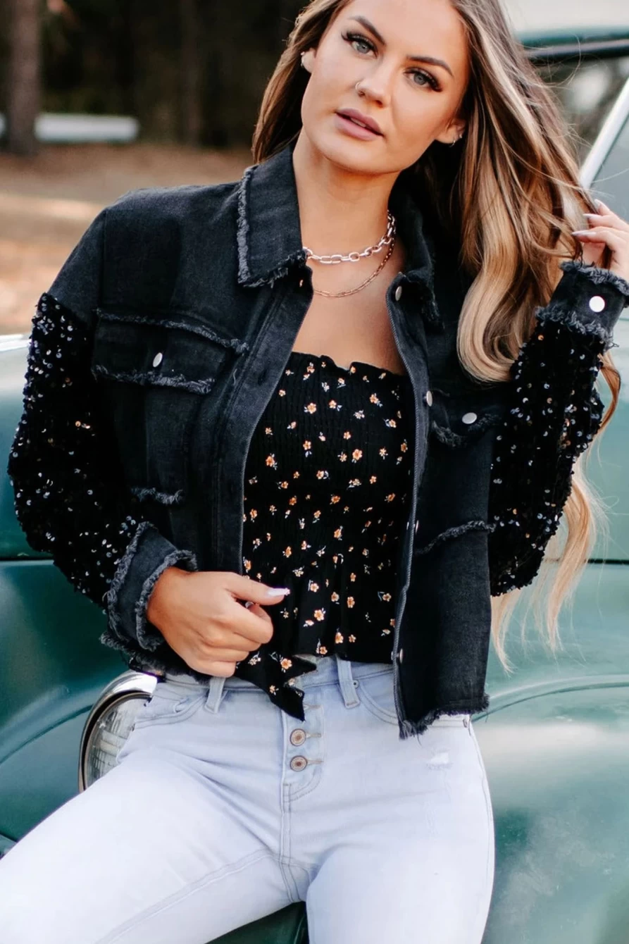 Shewin Women's Black Sequin Sleeve Denim Jacket with Pockets & Raw Hem