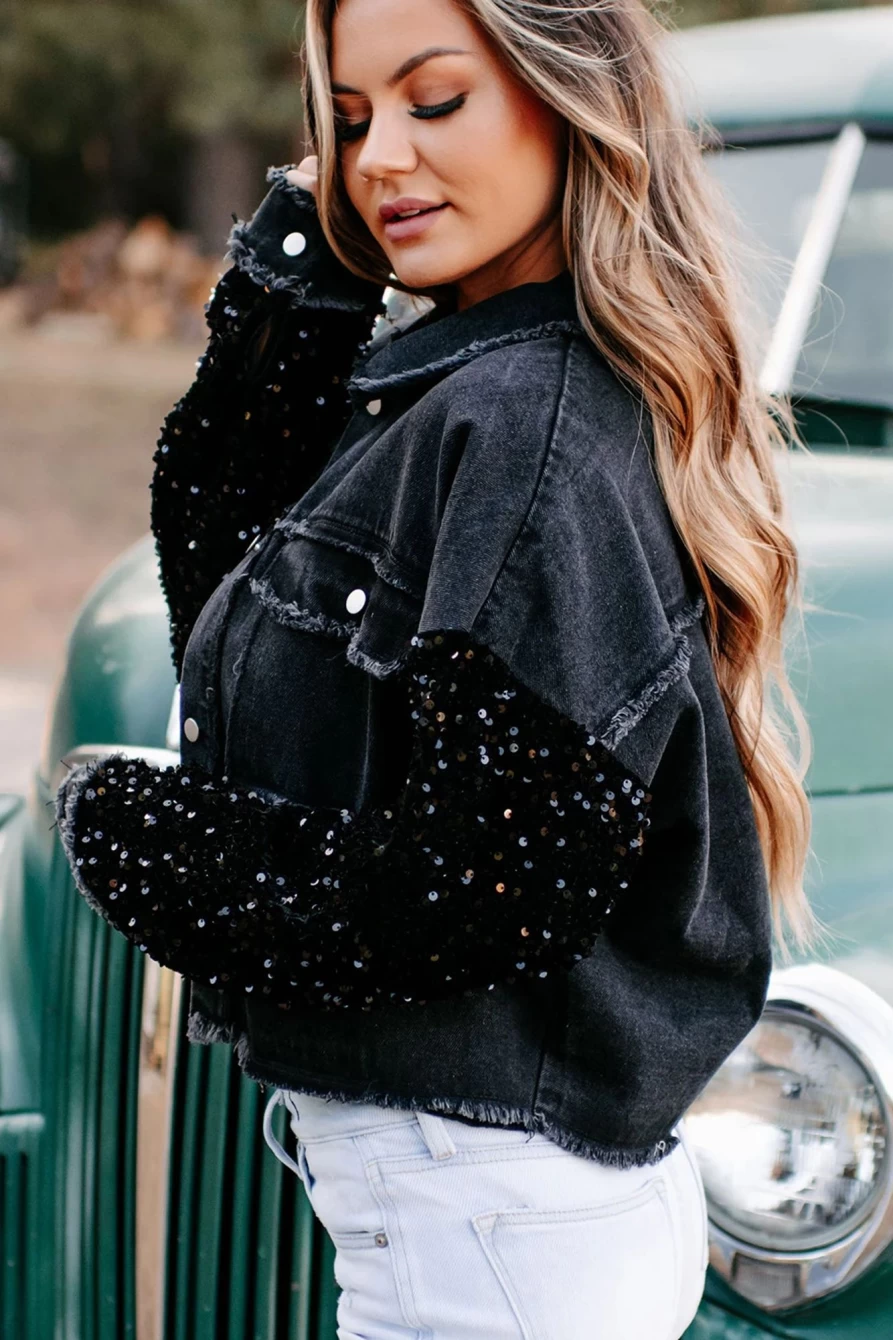 Shewin Women's Black Sequin Sleeve Denim Jacket with Pockets & Raw Hem