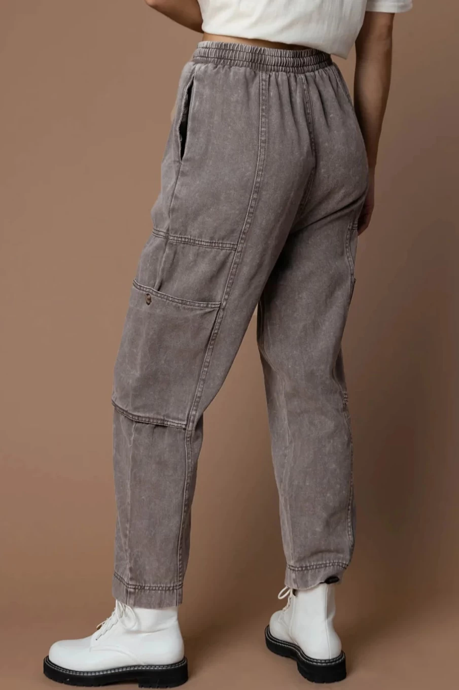Shewin Women's Gray Acid Wash Multi-Pocket Drawstring Waist Casual Pants