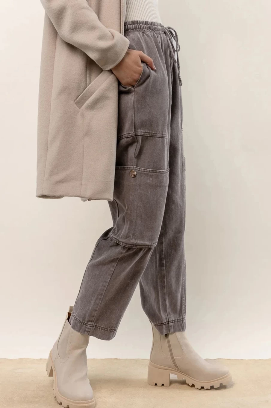 Shewin Women's Gray Acid Wash Multi-Pocket Drawstring Waist Casual Pants