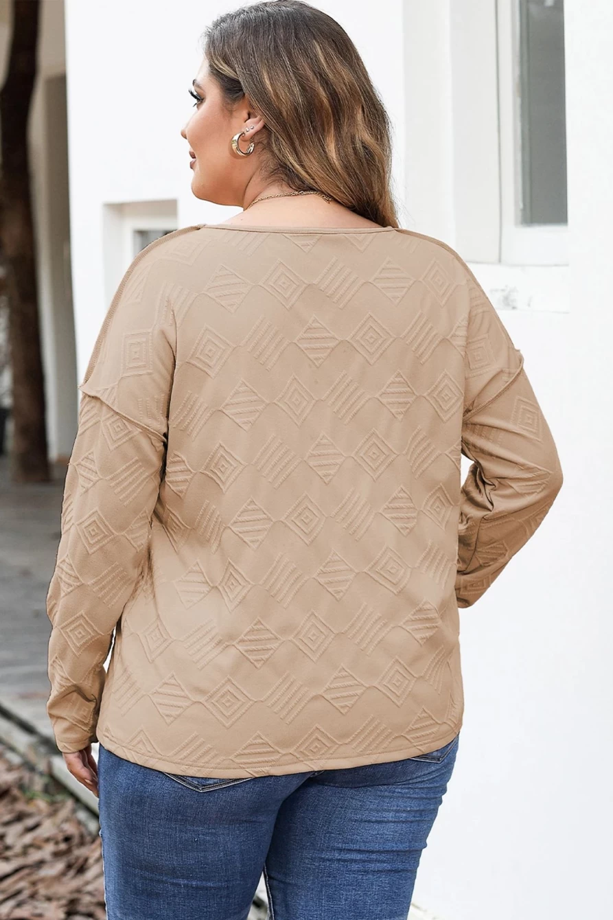 Shewin Women's Plus Size Khaki Textured Drop Shoulder Exposed Seam Top