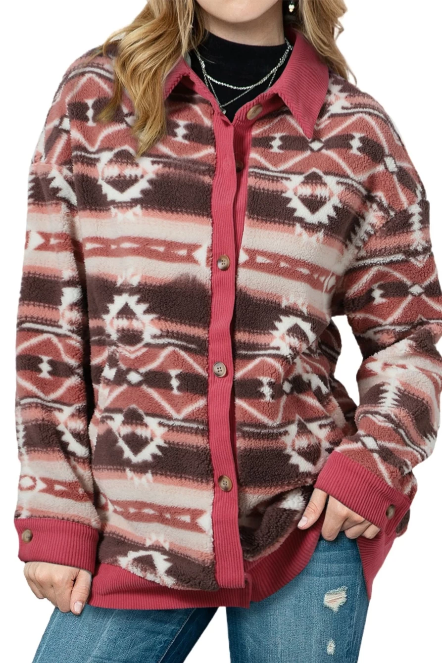 Shewin Women's Pink Geometric Sherpa Jacket with Corduroy Trim - Cozy Winter Outerwear