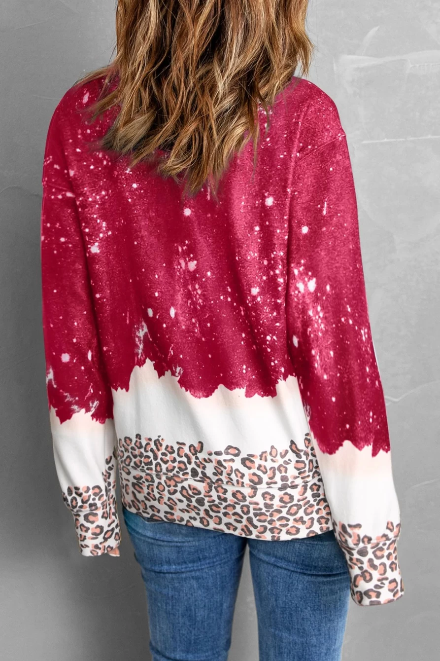 Shewin Women's Red Leopard Bleached Heart Print Graphic Pullover Sweatshirt
