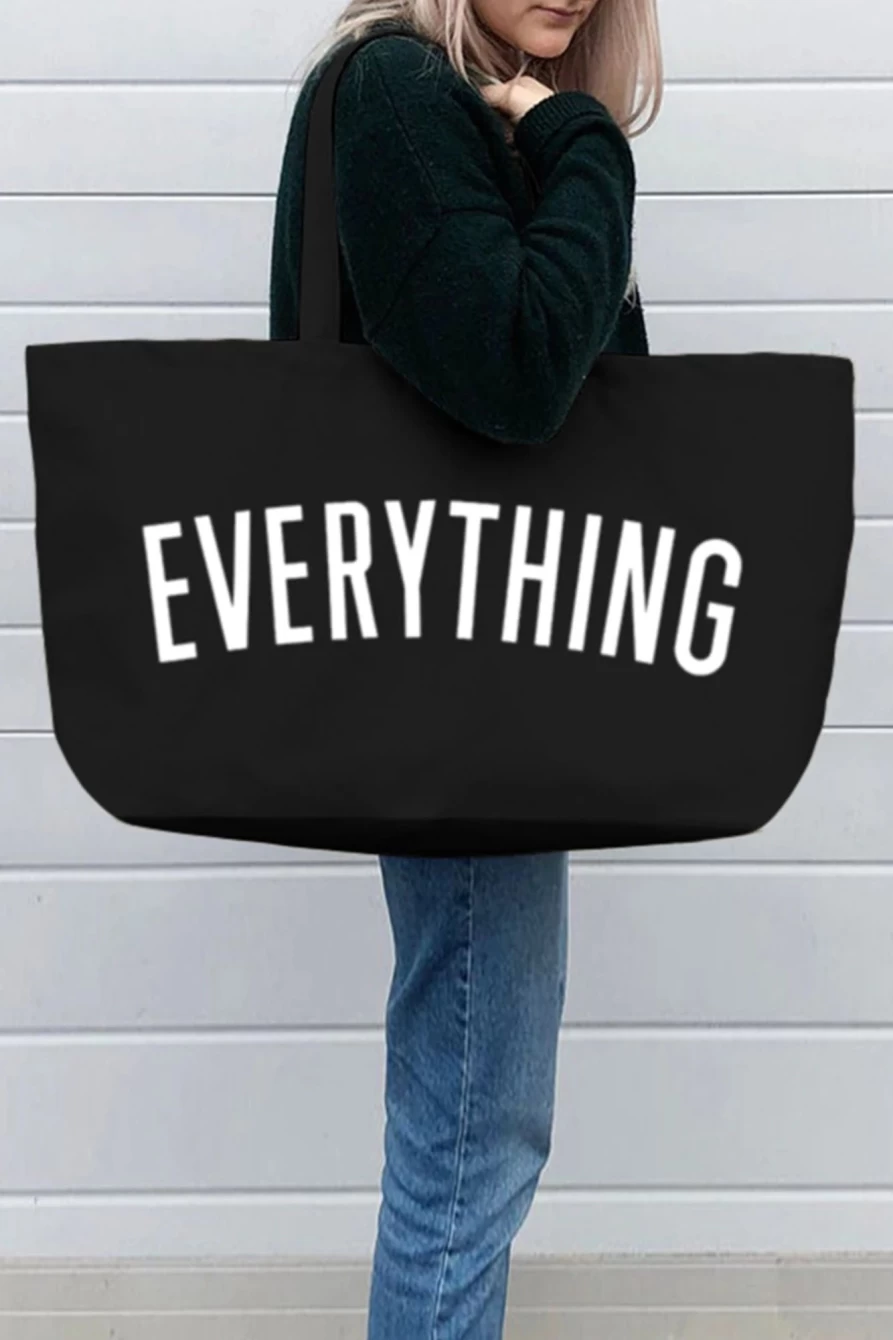 Shewin Women's Black Large Canvas Tote Bag with Everything Letter Print - 73x17x44cm Spacious Carryall
