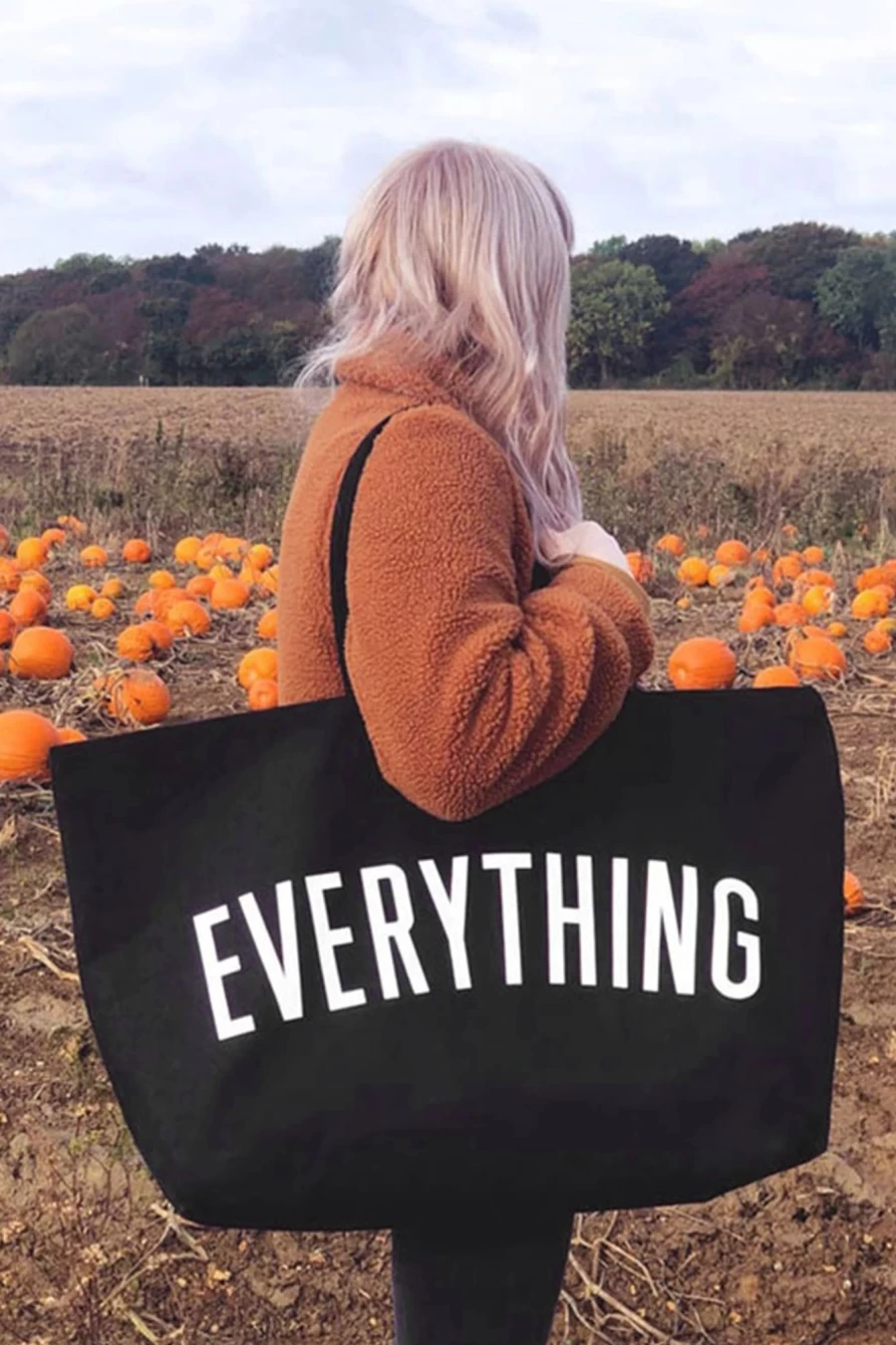 Shewin Women's Black Large Canvas Tote Bag with Everything Letter Print - 73x17x44cm Spacious Carryall