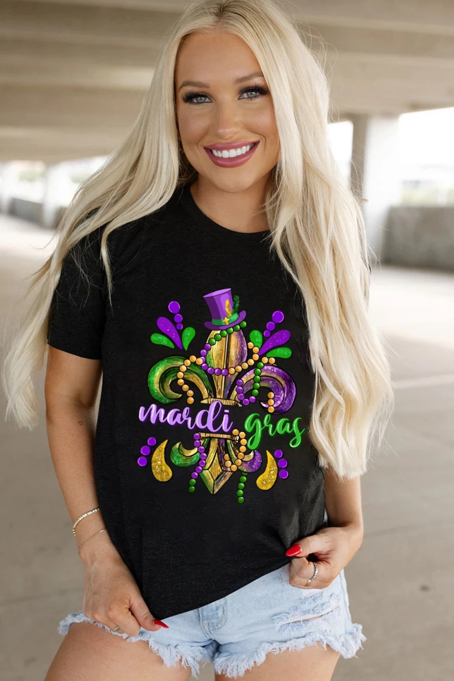 Shewin Women's Black Mardi Gras Fleur De Lis Graphic Print Crew Neck T-Shirt