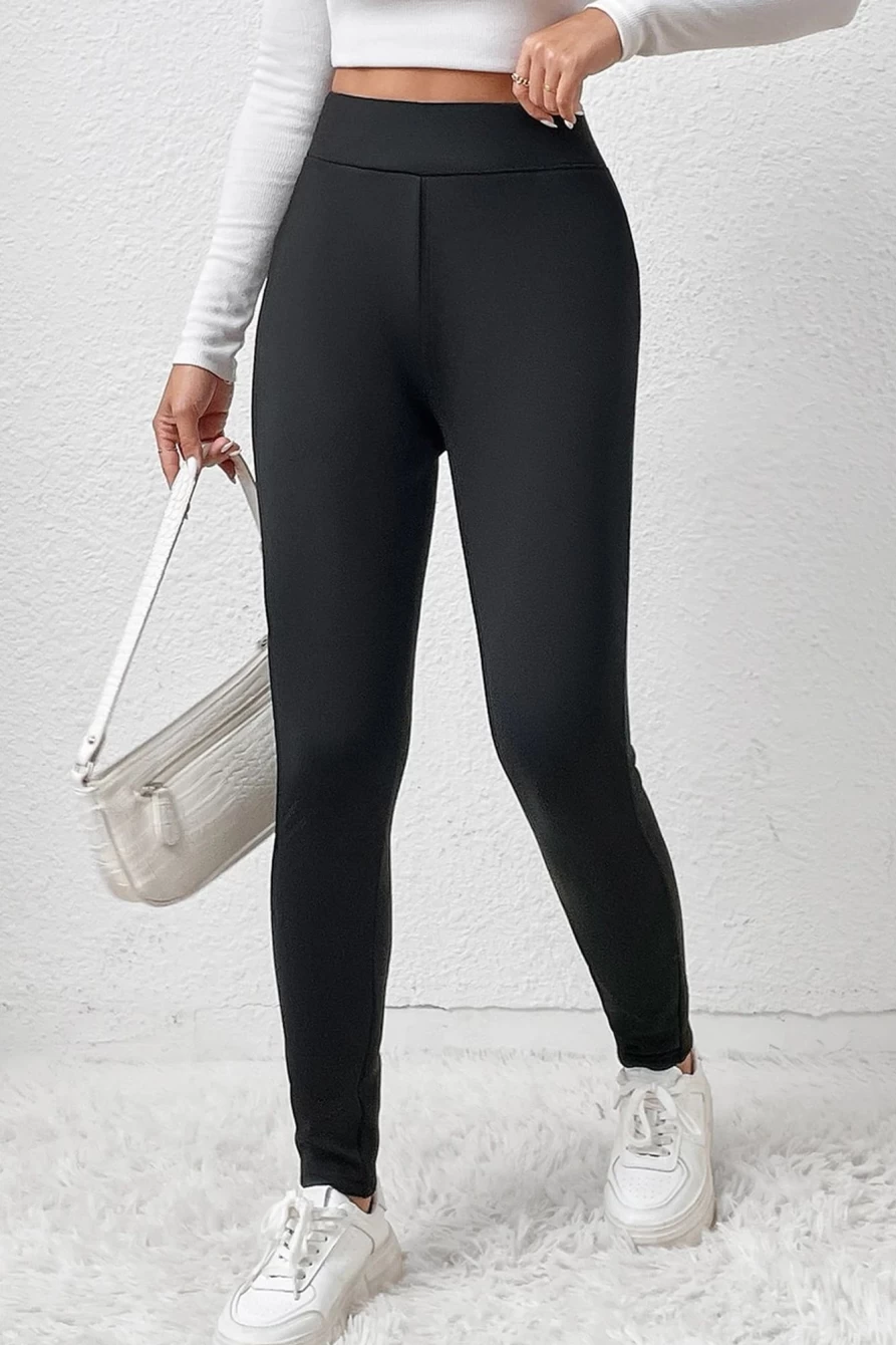 Shewin Women's Black Fleece Lined Thermal High Waist Leggings for Winter Warmth