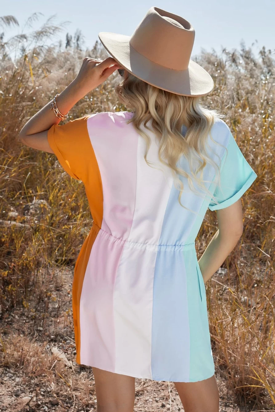 Shewin Women's Orange Color Block Short Sleeve Dress with Drawstring Waist