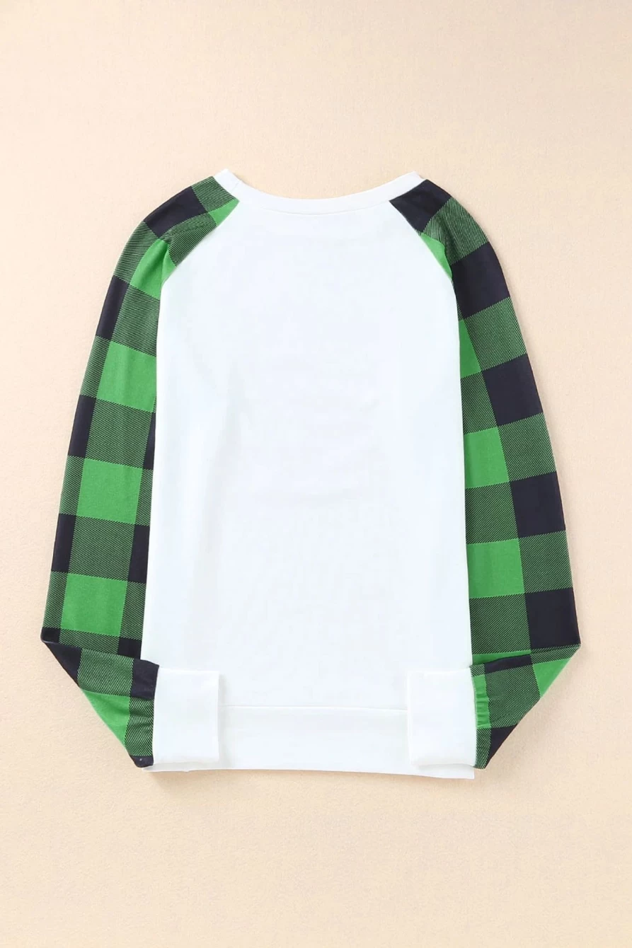 Shewin Women's Green Sequin St Patrick's Day Graphic Plaid Sleeve Sweatshirt