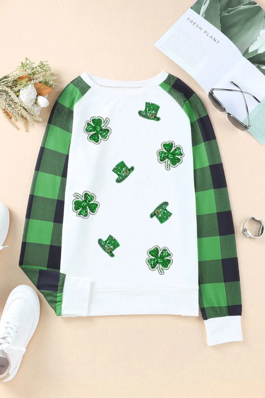 Shewin Women's Green Sequin St Patrick's Day Graphic Plaid Sleeve Sweatshirt
