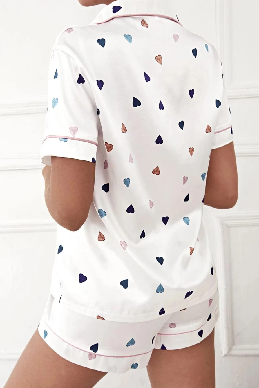 Shewin Women's White Heart Print Pocket Shirt & Elastic Waist Shorts Lounge Set