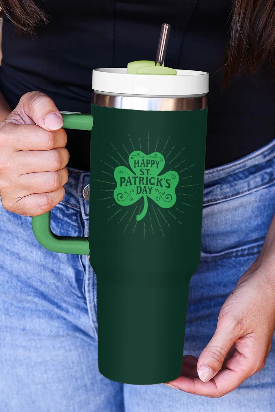 Shewin Dark Green Clover Print Stainless Steel Tumbler with Straw & Lid for Women