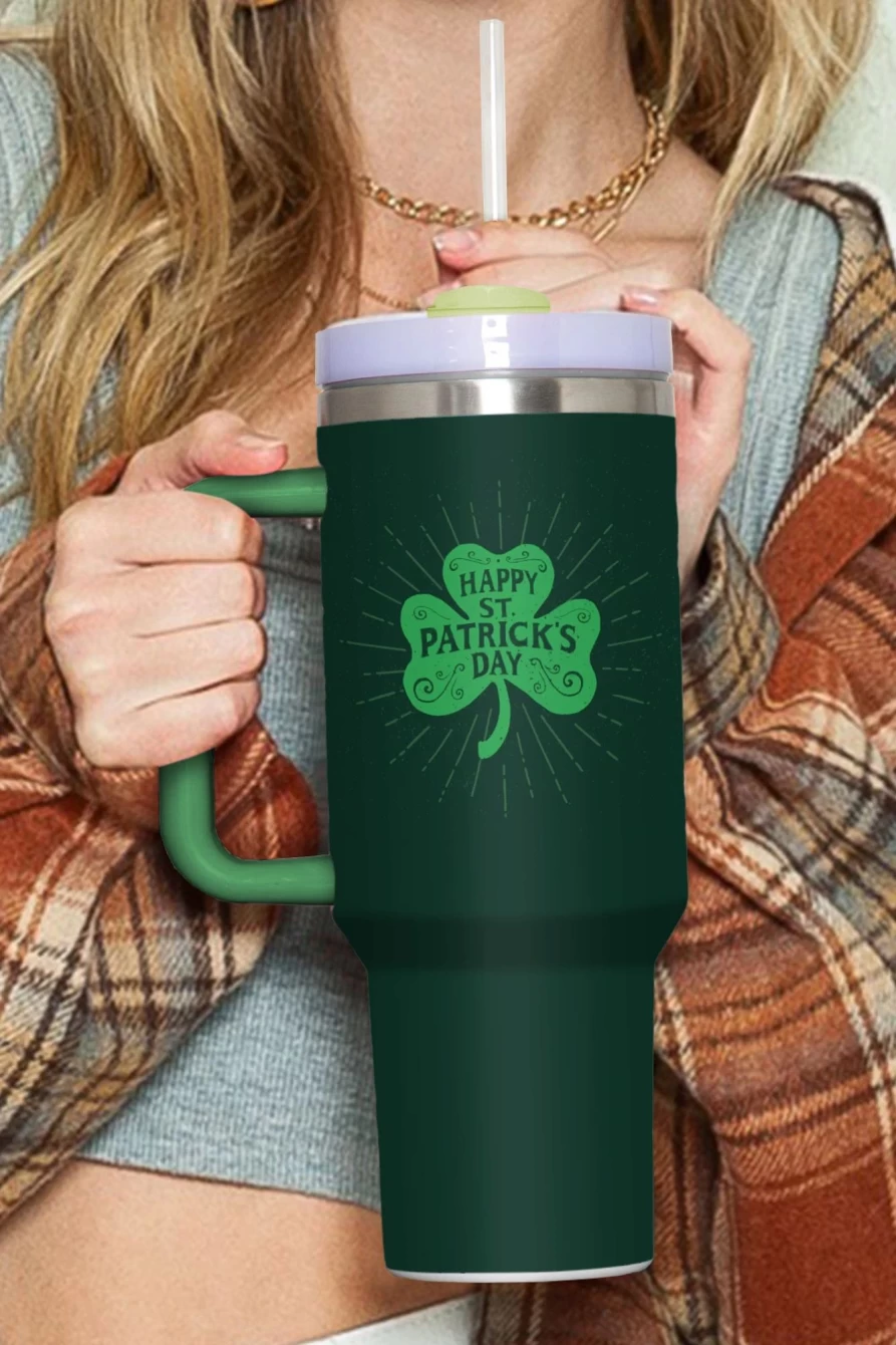 Shewin Dark Green Clover Print Stainless Steel Tumbler with Straw & Lid for Women