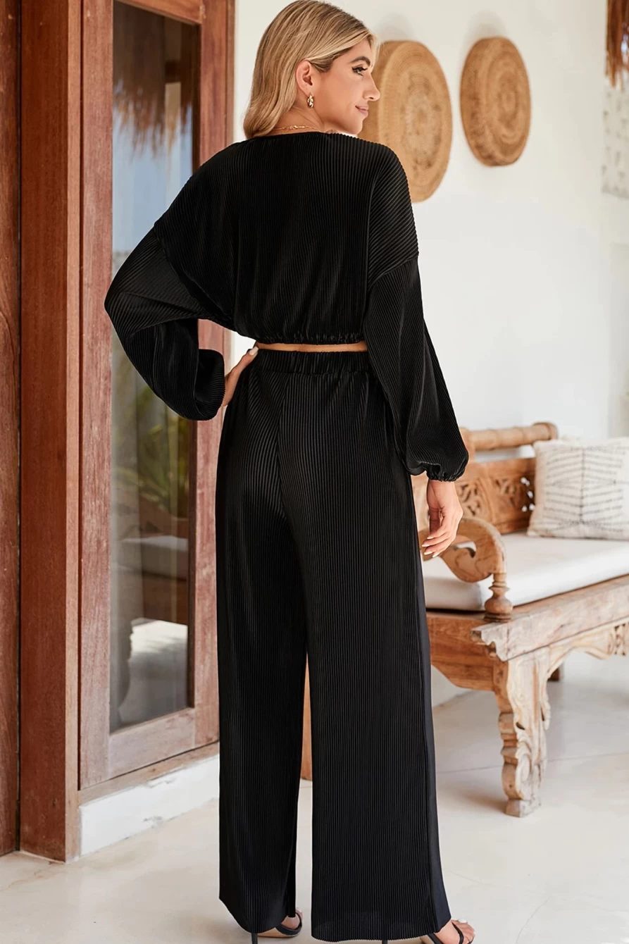 Shewin Women's Black Corded Cropped Pullover & Wide Leg Pants Set