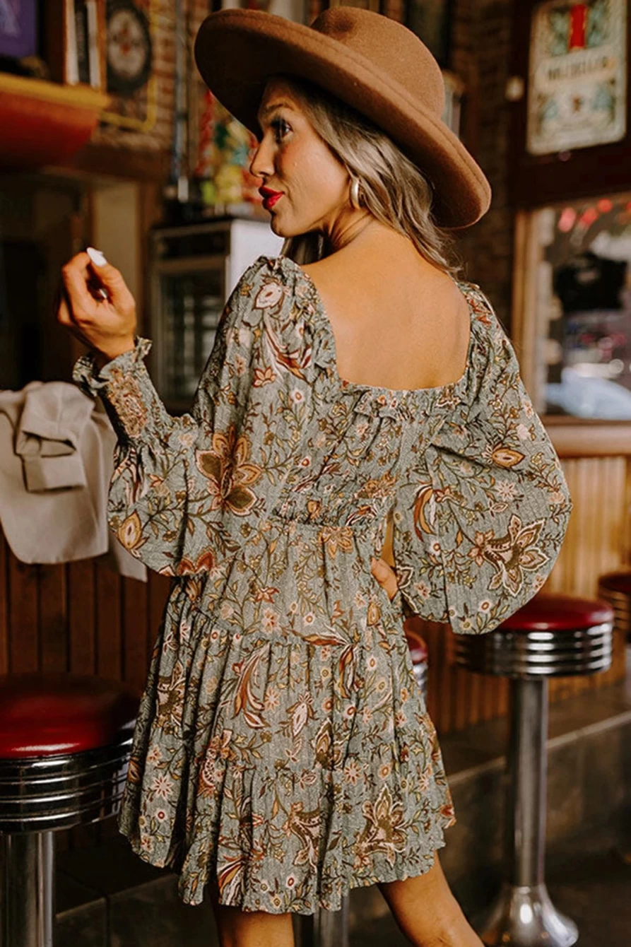 Shewin Women's Multicolour Floral Ruffled Long Sleeve U-Neck Dress